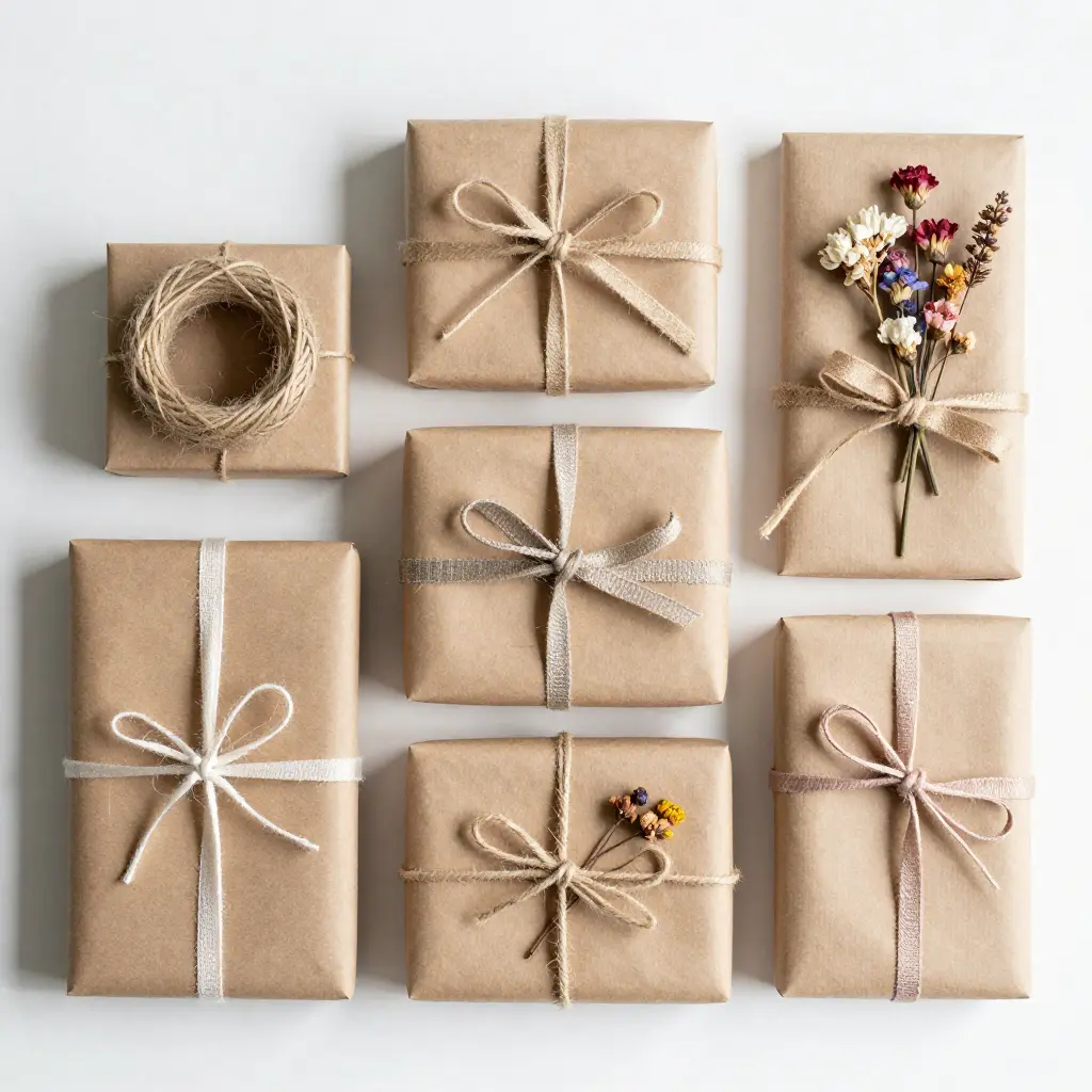 Assorted handmade gifts arranged for different occasions with ribbons and dried flowers