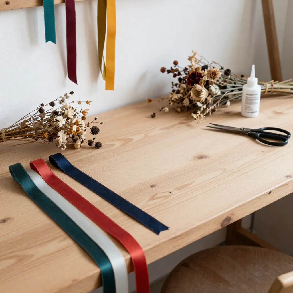 Artisan workshop with gift-making materials on a wooden table including ribbons and dried flowers